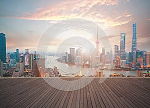 Empty wood floor with bird-eye view at Shanghai bund Skyline