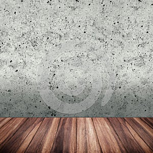 Empty wood floor with concrete brick wall texture background