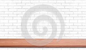 Empty wood plank shelf at white brick wall pattern background