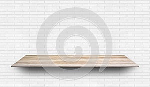 Empty wood plank shelf at white brick wall pattern background