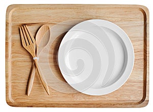 Empty wood plate dish and spoon ,fork