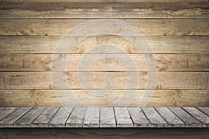 Empty wood shelf on old wood wall background.