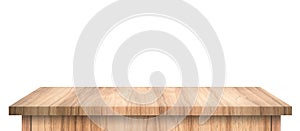 Empty Wood table with abstract pattern isolated on pure white background. Wooden desk and shelf display board with perspective photo