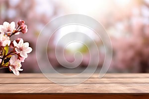 empty wood table behind blurred cherry blossom background product display template