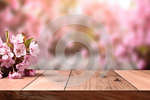 empty wood table behind blurred cherry blossom background product display template