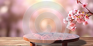 empty wood table behind blurred cherry blossom background product display template