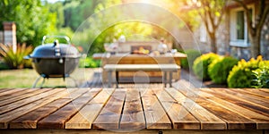 Empty wood table with blur BBQ space for background