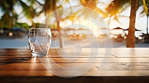 The empty wood table and blur glass window wall with the beach in top view. Generative ai.