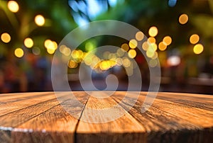 Empty wood table and blurred food market outdoor with bokeh light background, product display montage