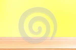 Empty wood table floors on gradient yellow soft background, wood table board empty front colorful gradient, wooden plank blank