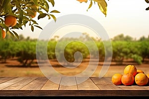 Empty wood table with free space over orange trees, orange field background. For product display montage