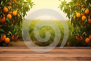 Empty wood table with free space over orange trees, orange field background. For product display montage