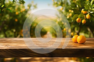 Empty wood table with free space over orange trees, orange field background. For product display montage