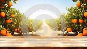 Empty wood table with free space over orange trees, orange field background. For product display montage