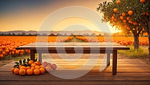 Empty wood table with free space over orange trees, orange field background. For product display montage. AI generated.