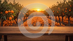 Empty wood table with free space over orange trees, orange field background. For product display montage. AI generated.