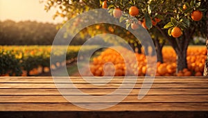 Empty wood table with free space over orange trees, orange field background. For product display montage. AI generated.
