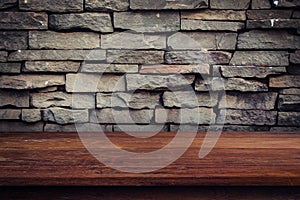 Empty wood table and grunge brick wall and display montage for p