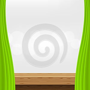 Empty wood table and luxury green curtains for advertise product display, wooden top table decoration with curtains, wood plank