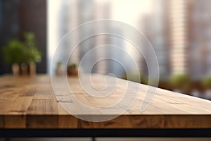 Empty wood table in an office of a modern city, blurred background, ai generative illustration