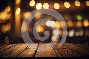 Empty wood table for product display in blur background of restaurant at night