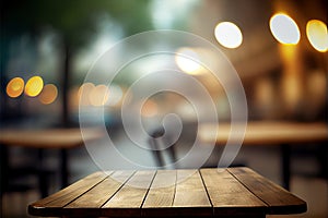 Empty wood table for product display in blur background of restaurant at night