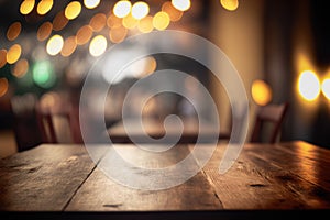 Empty wood table for product display in blur background of restaurant at night