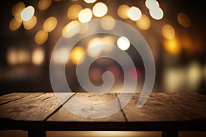 Empty wood table for product display in blur background of restaurant at night