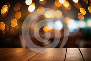 Empty wood table for product display in blur background of restaurant at night