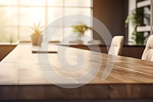 Empty wood table in a sunny office, blurred background, ai generative illustration