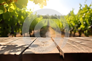 Empty wood table in a sunny vineyard, blurred background, ai generative illustration