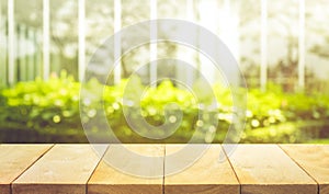 Empty wood table top on blur abstract green from garden