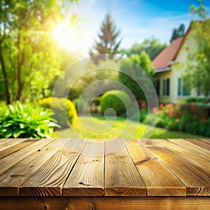 Empty Wood Table Top on Blur Abstract Green from Garden and House in the Morning Background for Montage Product Display or Design photo