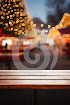 Empty wood table top on blur background of christmas market - can be used for display or mockup product