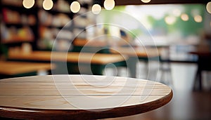 Empty wood table top on blur bakery shop or cafe restaurant with abstract bokeh background