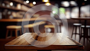 Empty wood table top on blur bakery shop or cafe restaurant with abstract bokeh background