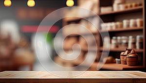 Empty wood table top on blur bakery shop or cafe restaurant with abstract bokeh background