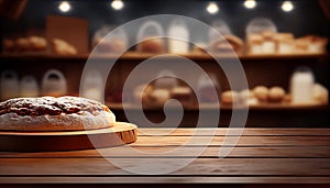 Empty wood table top on blur bakery shop or cafe restaurant with abstract bokeh background