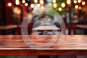 Empty Wood Table Top with Blur Bokeh Bar, Coffee Shop, Pub, Clean and Dark Interior