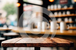 Empty wood table top and blur of cafe restaurant in dark night background