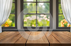 Empty of wood table top on blur of curtain with window and green from garden background.