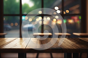 Empty wood table top and blur glass window interior restaurant