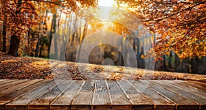 Autumn Wooden Display Podium with Colorful Fallen Leaves - Natural Fall Background photo