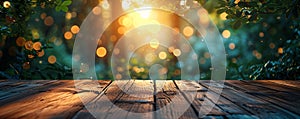 Empty wood table top on bokeh and blur abstract green background with golden lights. Product display template