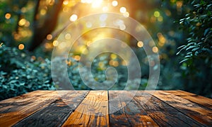 Empty wood table top on bokeh and blur abstract green background with golden lights. Product display template