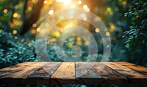 Empty wood table top on bokeh and blur abstract green background with golden lights. Product display template