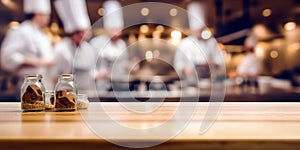 Empty Wood table top with Chef cooking in restaurant kitchen blurred defocused background