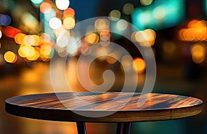 Empty wood table top circle and blur bokeh light street view background