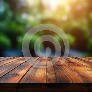 Empty wood table top perspective with blurred background.