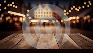 Empty wood table top for product display with blur luxury Christmas market